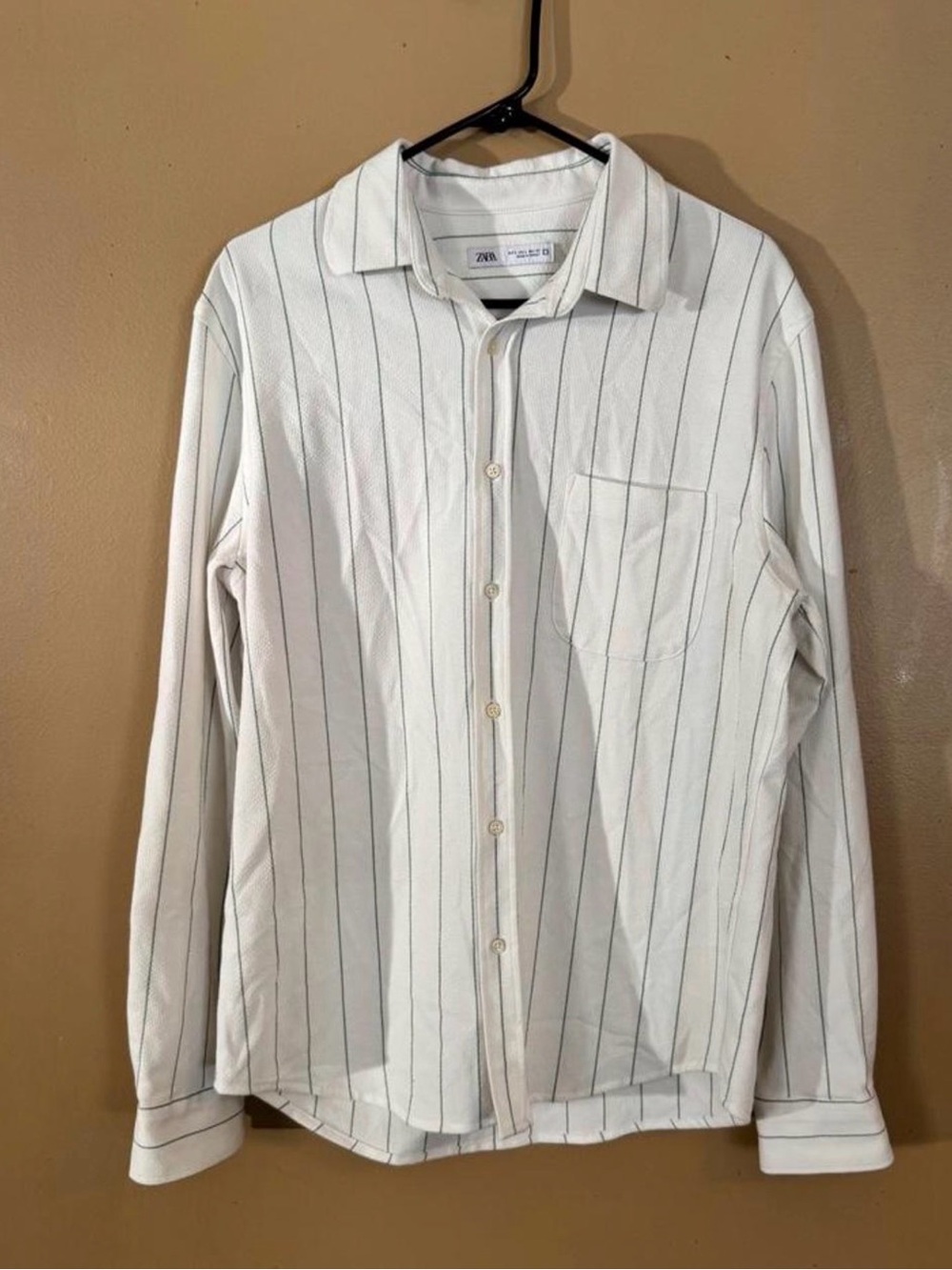 Zara White Shirt with Thin Black Vertical Stripes